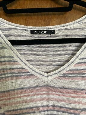 NIC+ZOE V-Neck Lightweight Linen- blendStriped Sweater in Soft Pastels